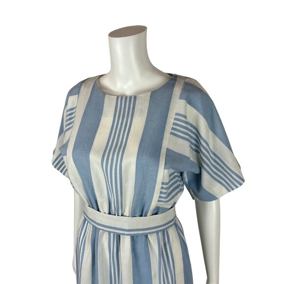 Vintage 80s Striped Dress Women's XS Powder Blue Stripes Faux Linen Slouchy - Picture 5 of 10